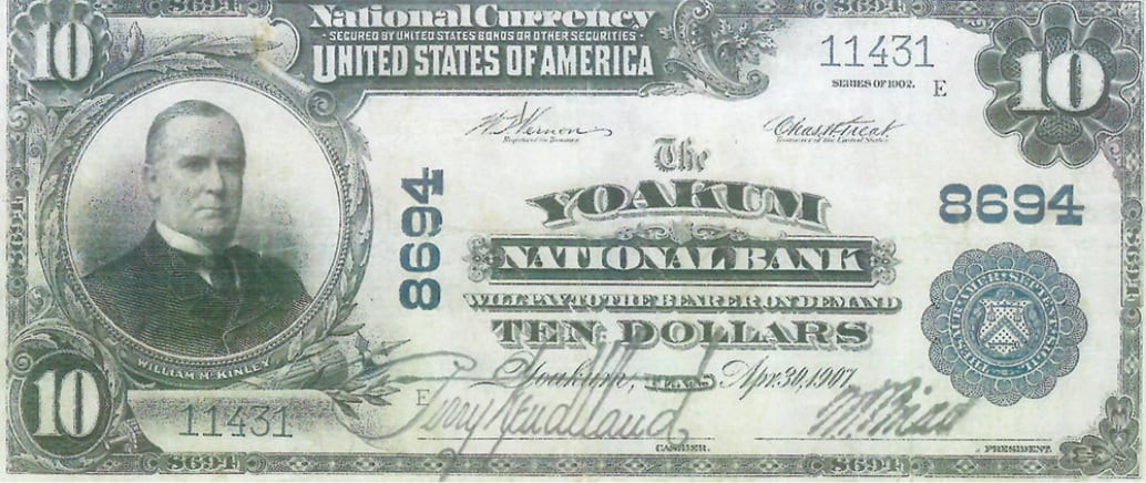 Yoakum national bank us currency ten dollar bill