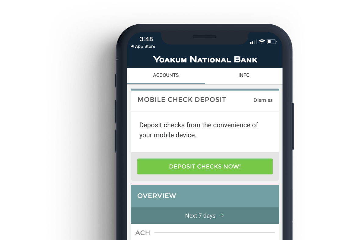 Yoakum national bank app with mobile check deposit display on the screen